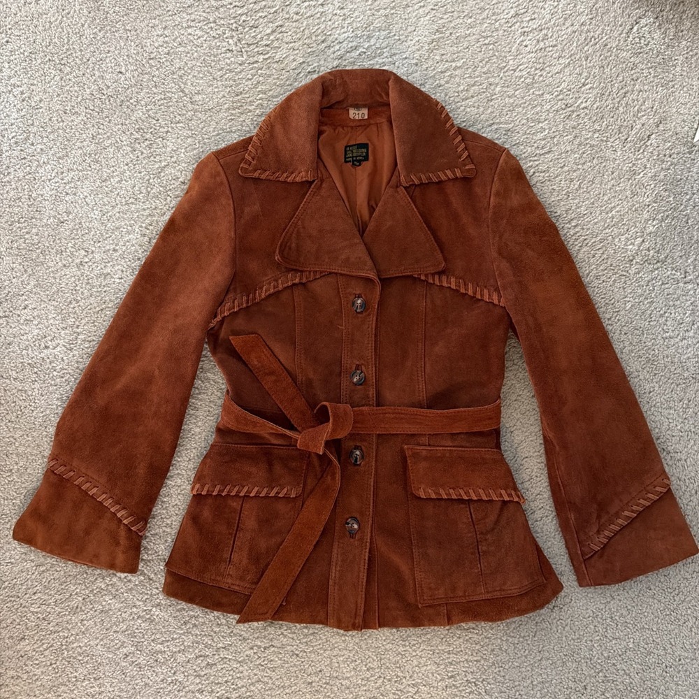 Vintage Suede Jacket 70s 80's Small Boho Western Whipstitch Cognac Leather Coat - Picture 3 of 16